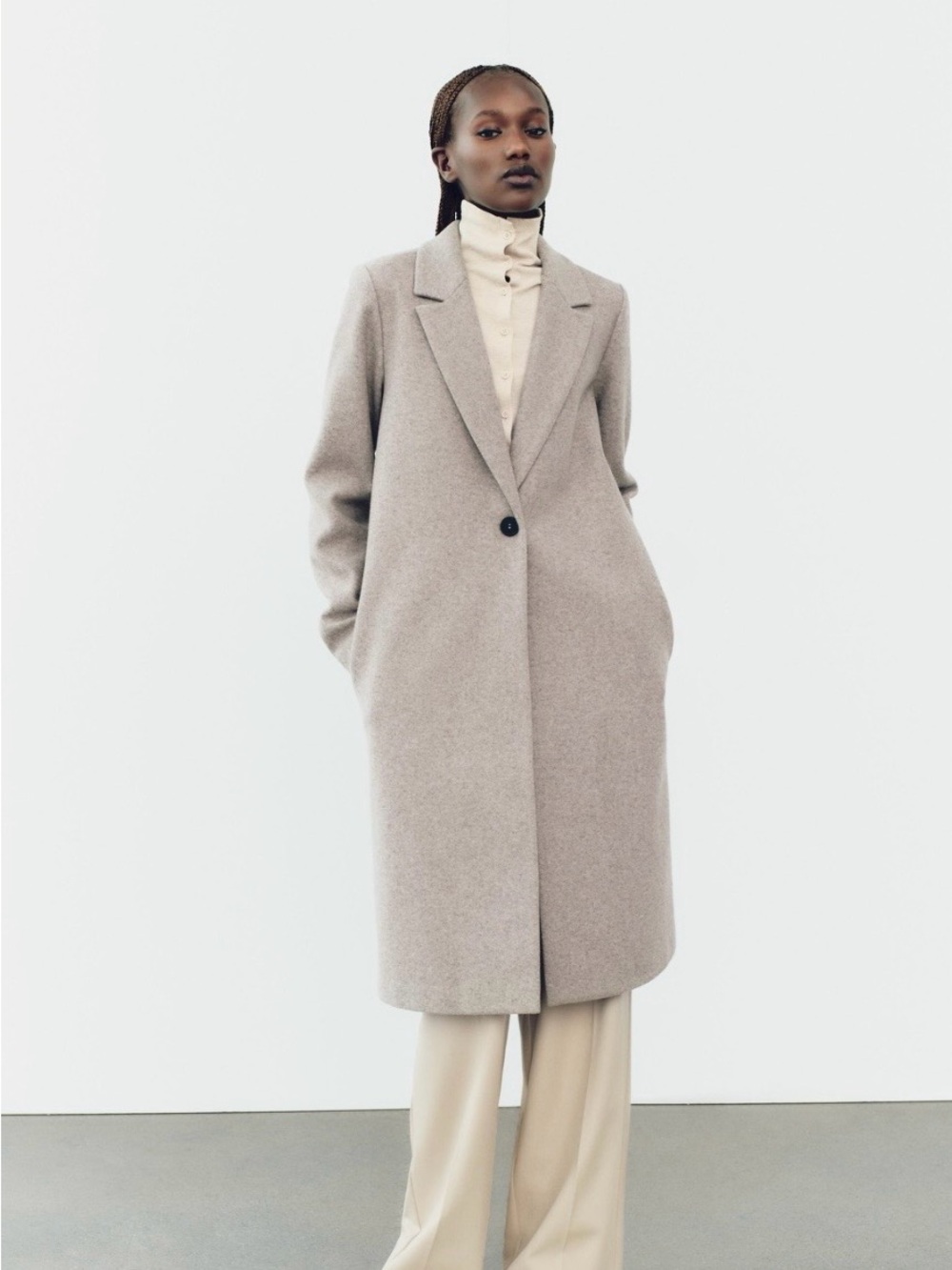 Zara Single-Button Long Trench Coat in Light Taupe